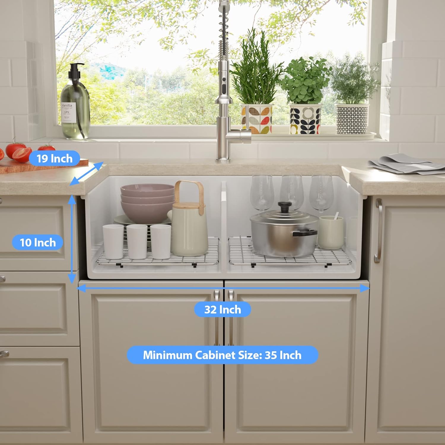 Lordear 32"x19" White Fireclay Porcelain Ceramic 50/50 Double Bowl Undermount Kitchen Sink  from Lordear