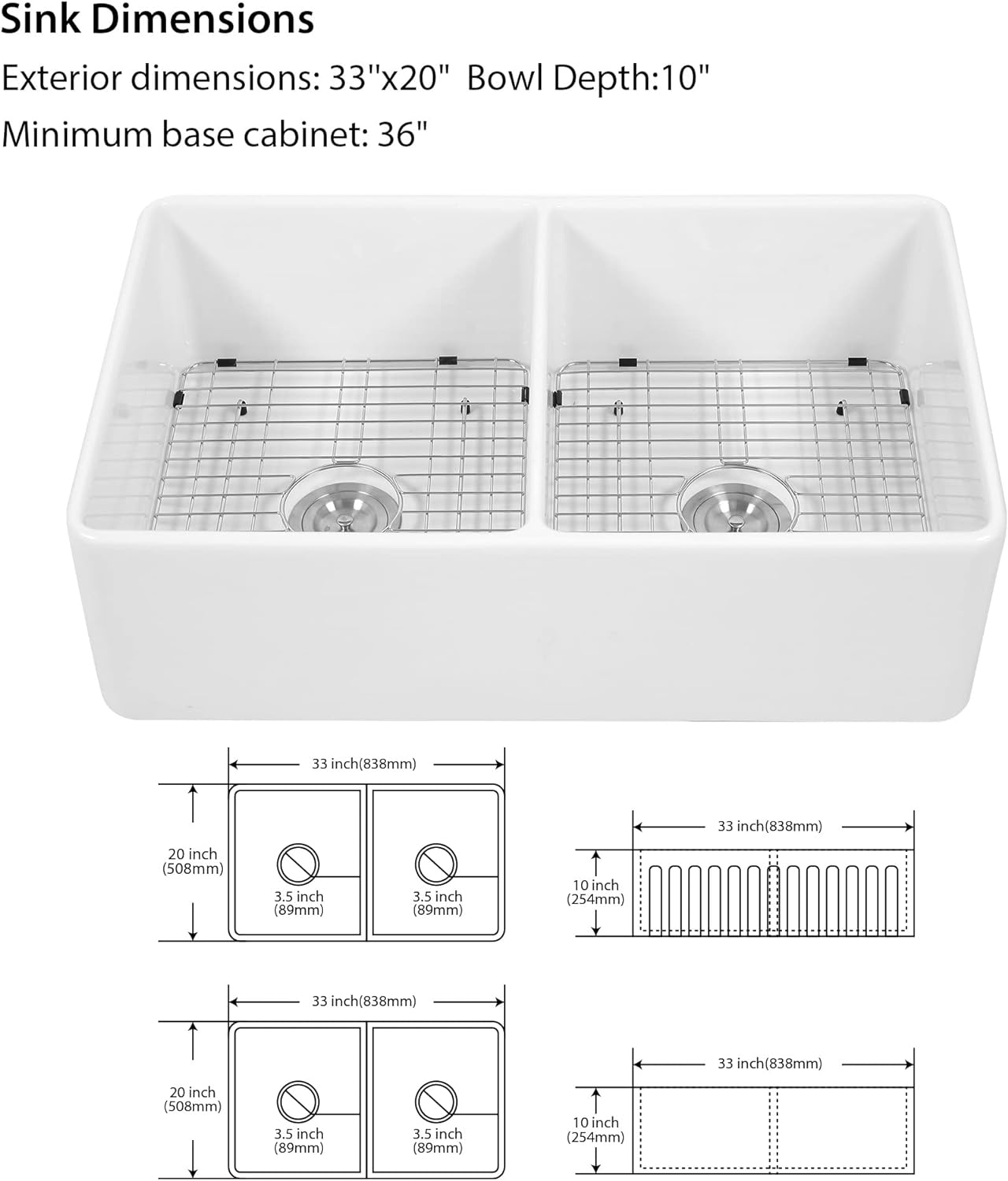 Lordear 33" x 20" White Ceramic Apron Front 50/50 Double Basin Farmhouse Kitchen Sink  from Lordear