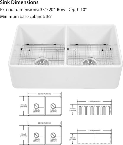 Lordear 33" x 20" White Ceramic Apron Front 50/50 Double Basin Farmhouse Kitchen Sink  from Lordear