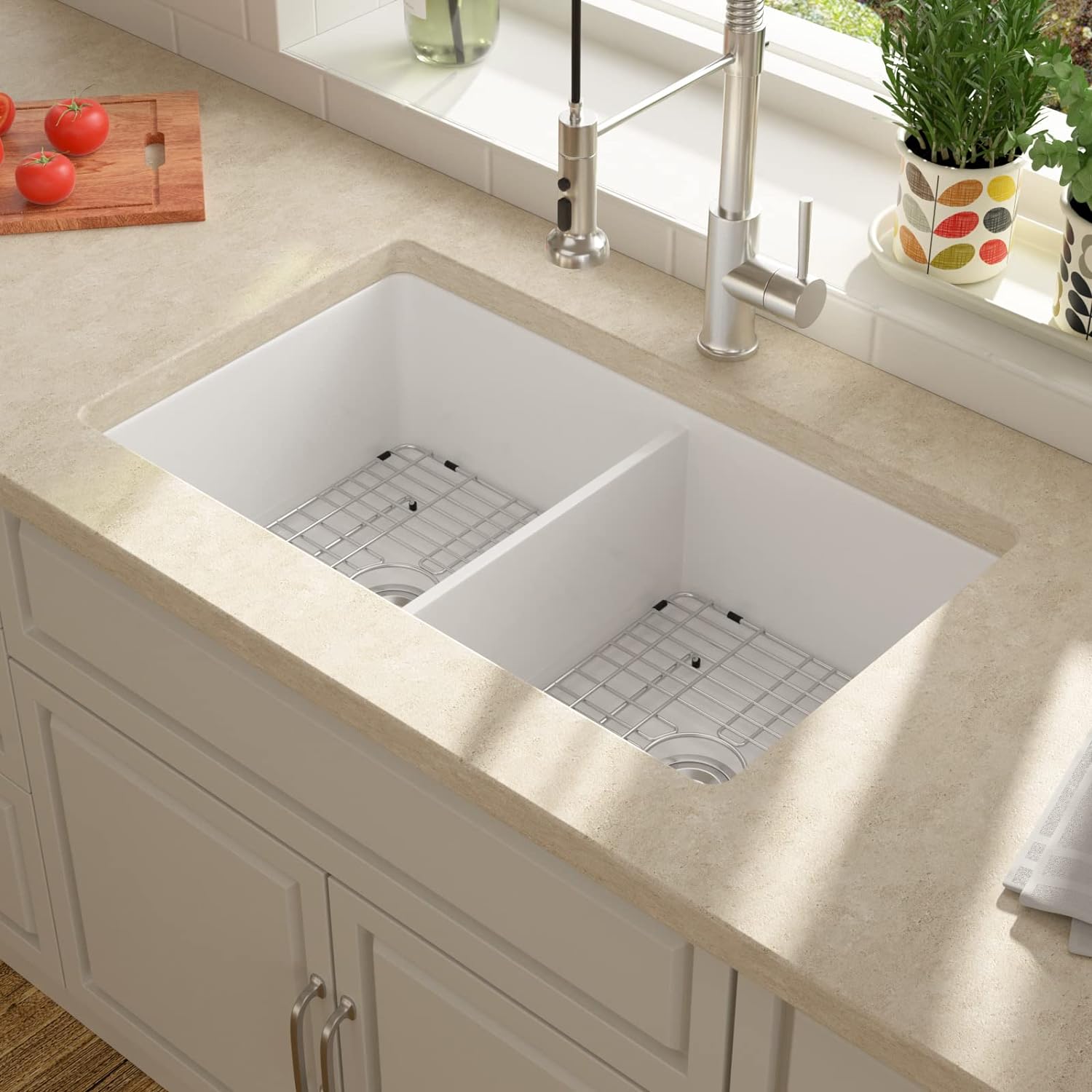 Lordear 32"x19" White Fireclay Porcelain Ceramic 50/50 Double Bowl Undermount Kitchen Sink  from Lordear