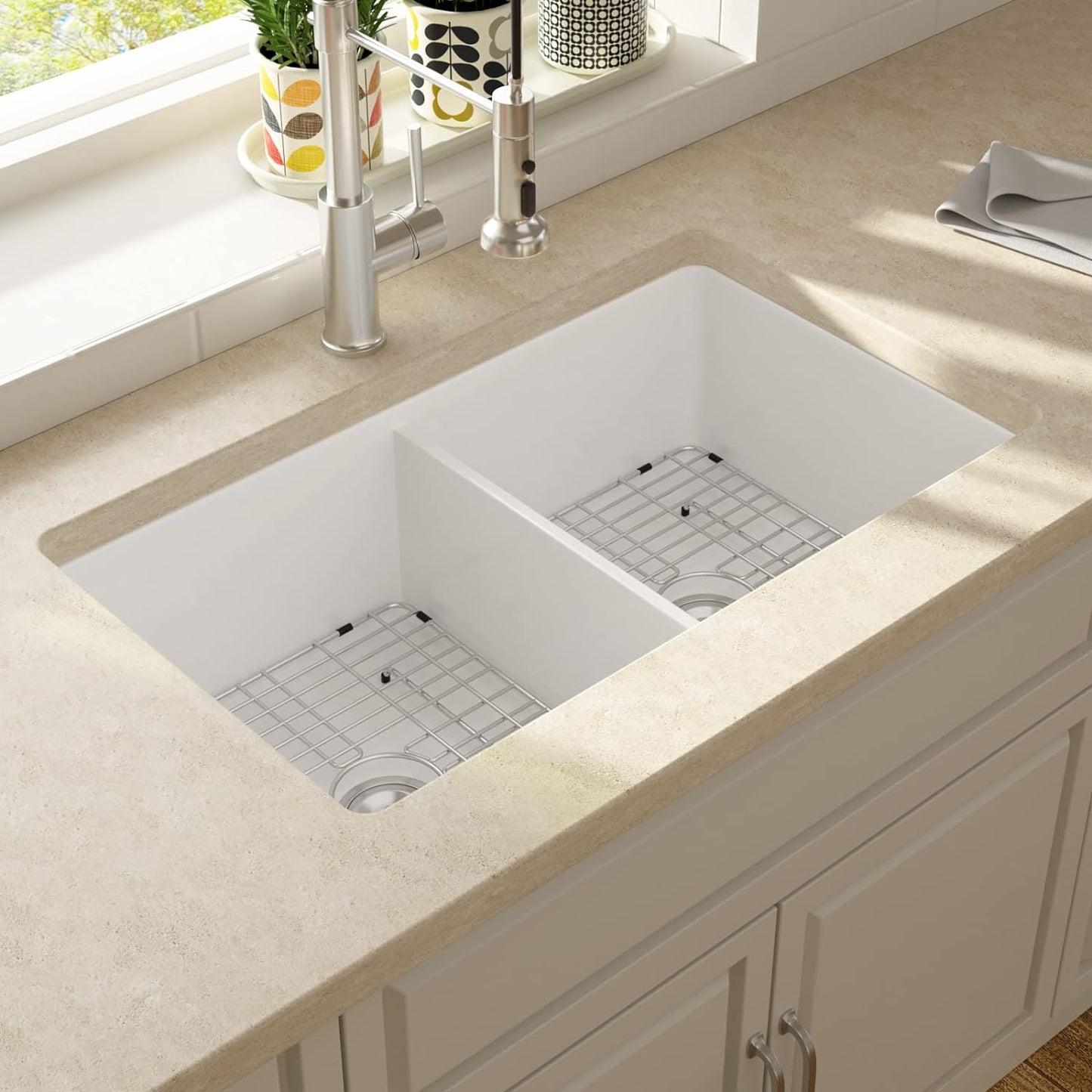 Lordear 32"x19" White Fireclay Porcelain Ceramic 50/50 Double Bowl Undermount Kitchen Sink  from Lordear