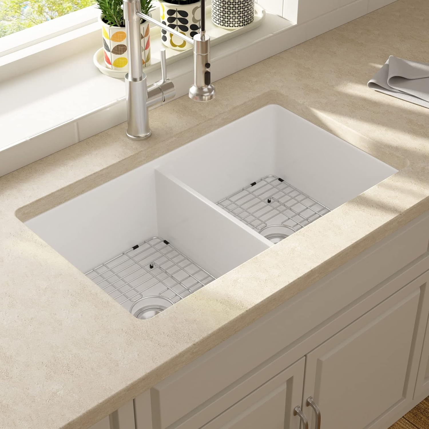 Lordear 32"x19" White Fireclay Porcelain Ceramic 50/50 Double Bowl Undermount Kitchen Sink  from Lordear