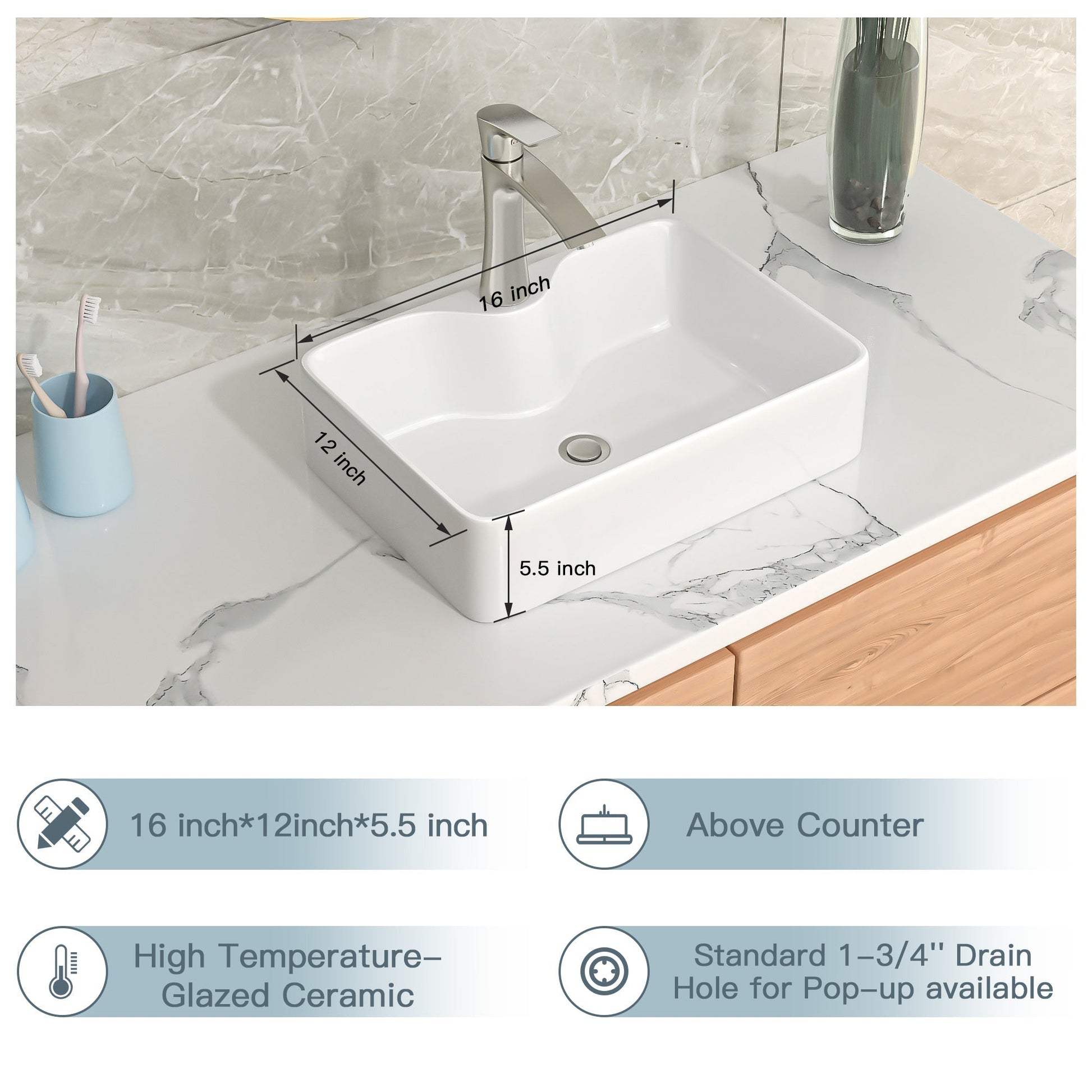 Lordear 16" W X 12" D White Ceramic Vessel Bathroom Sink with Faucet Hole  from Lordear
