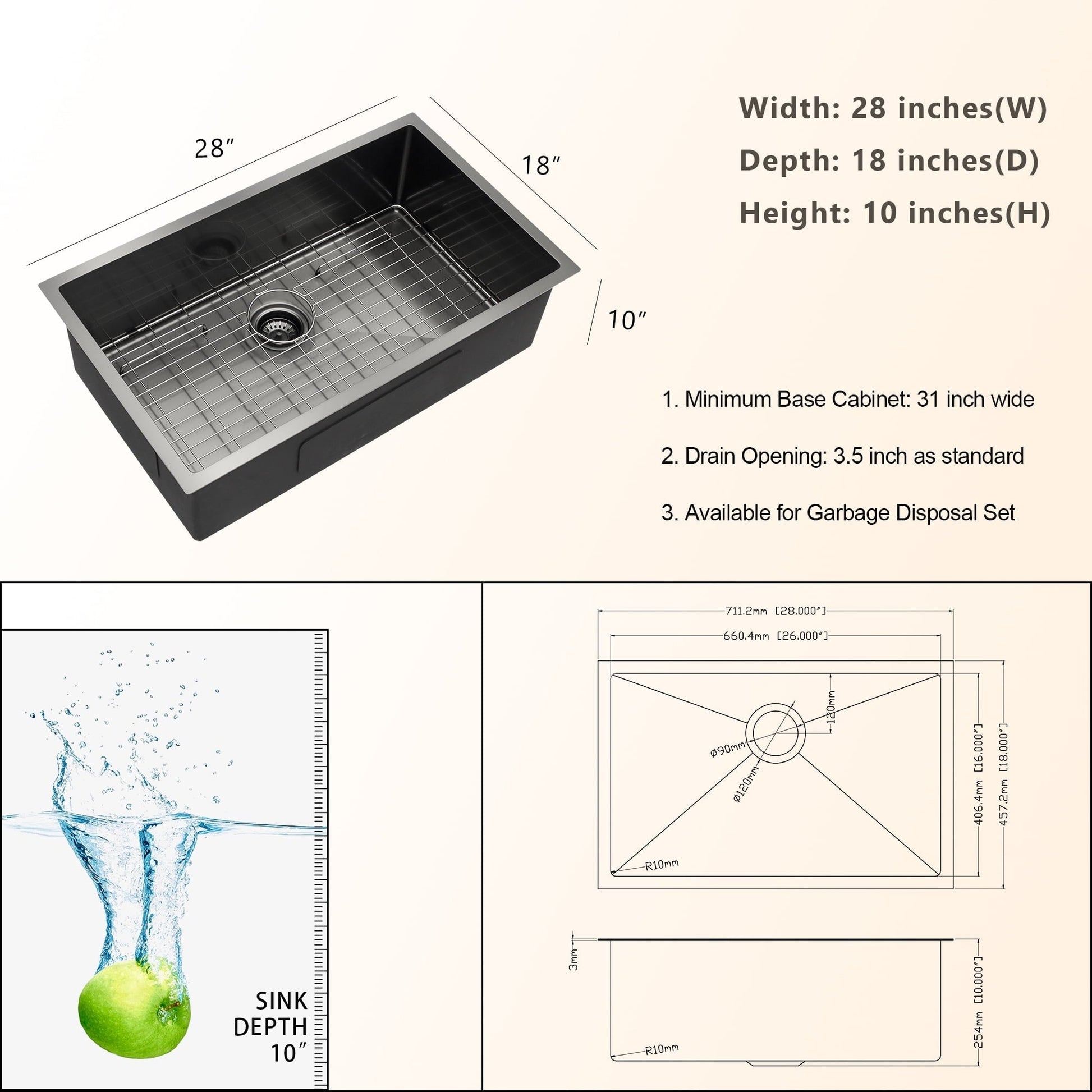 Lordear 28" Stainless Steel Undermount Gunmetal Black Kitchen Sink  from Lordear