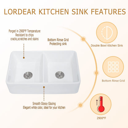 Lordear 32" x 20" Ceramic Apron Front Double Equal Bowl Farmhouse Kitchen Sink  from Lordear