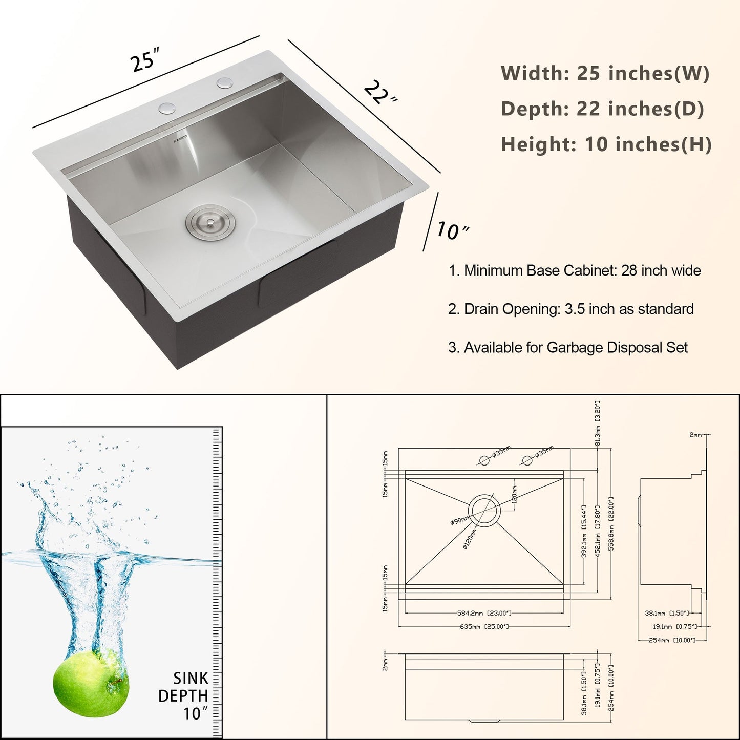 Lordear 25" Stainless Steel Single Bowl Topmount Workstation Kitchen Sink  from Lordear