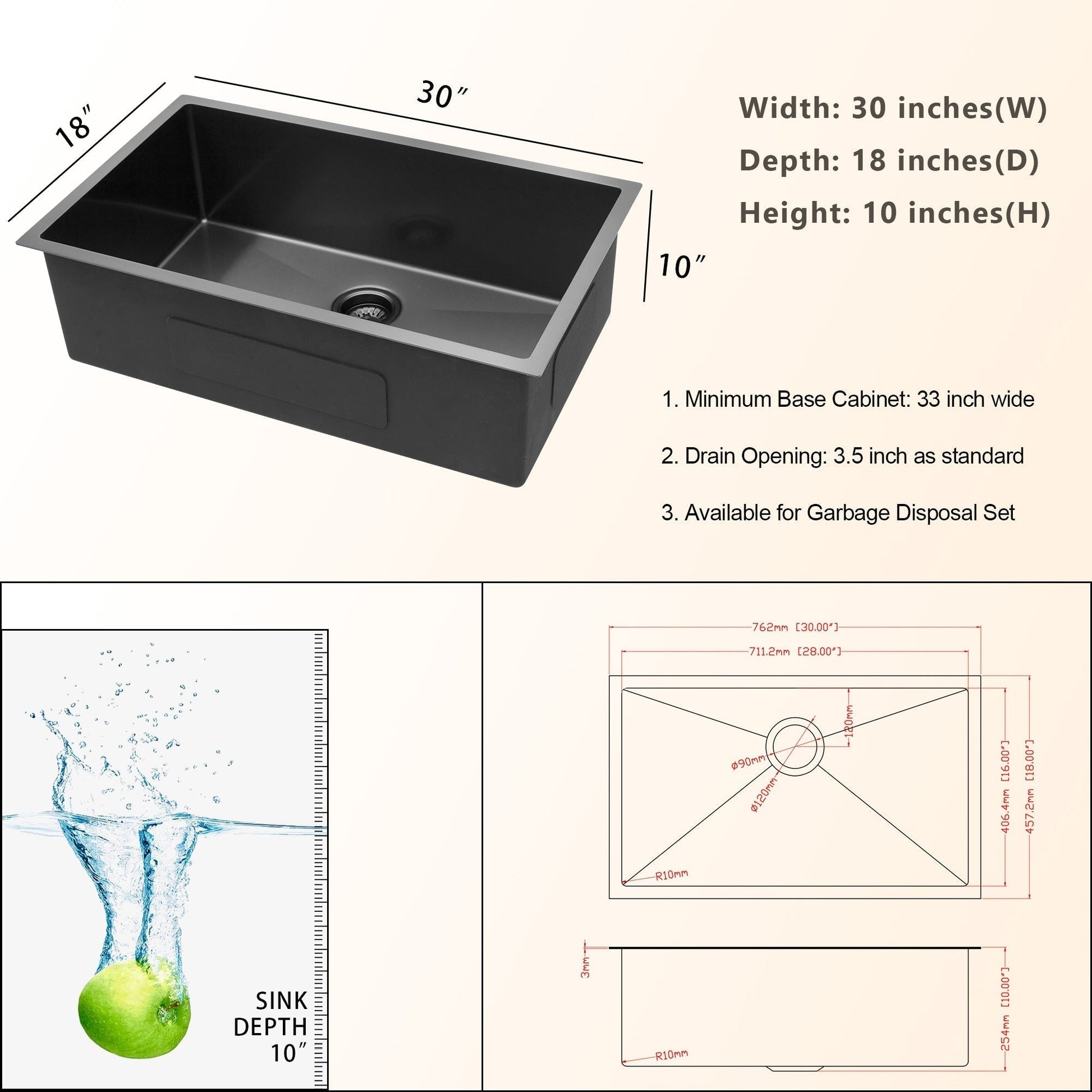 Lordear 30" x 18" Stainless Steel Gunmetal Balck Undermount Kitchen Sink  from Lordear
