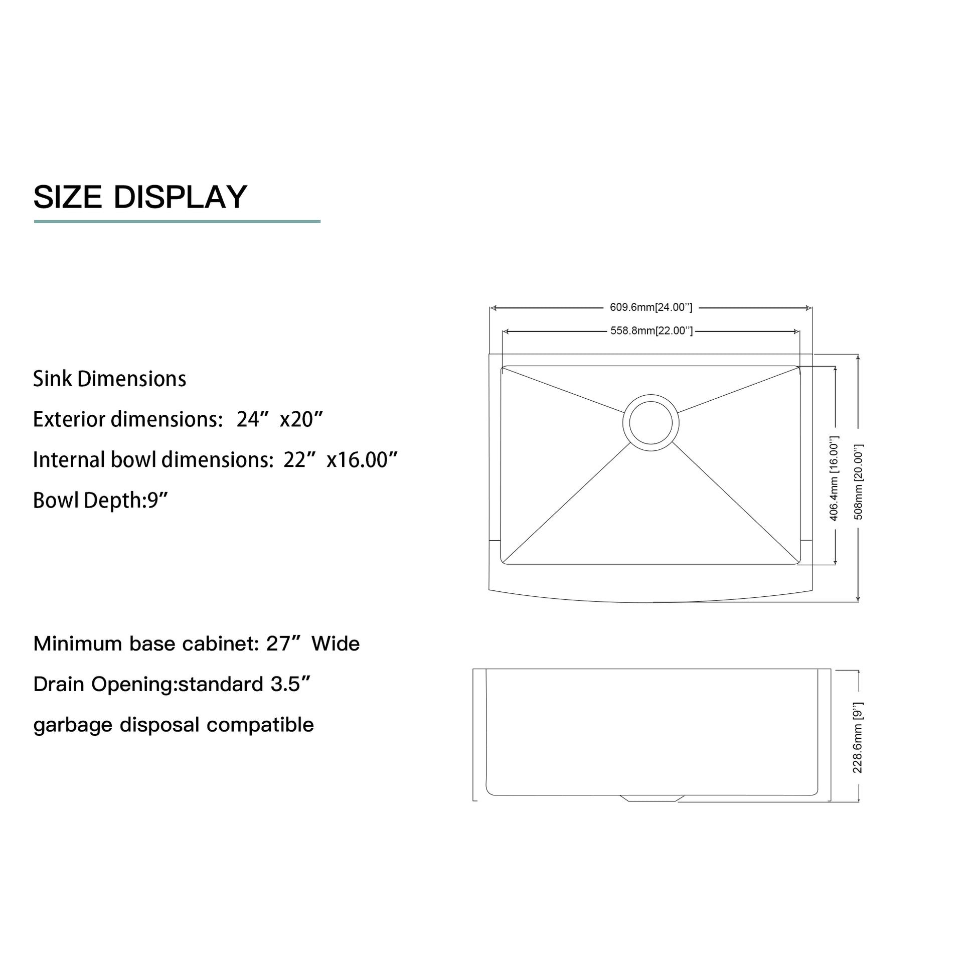 Lordear 24" x 20" Stainless Steel Apron Front Single Basin Farmhouse Kitchen Sink  from Lordear