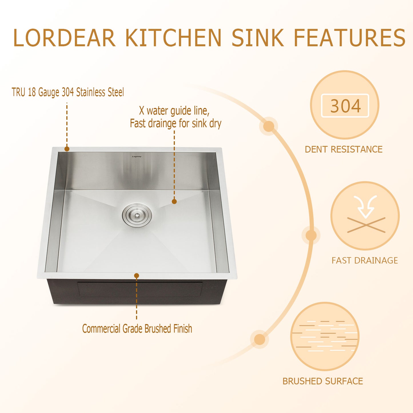 Lordear 25" Stainless Steel Undermount Single Bowl Kitchen Sink  from Lordear