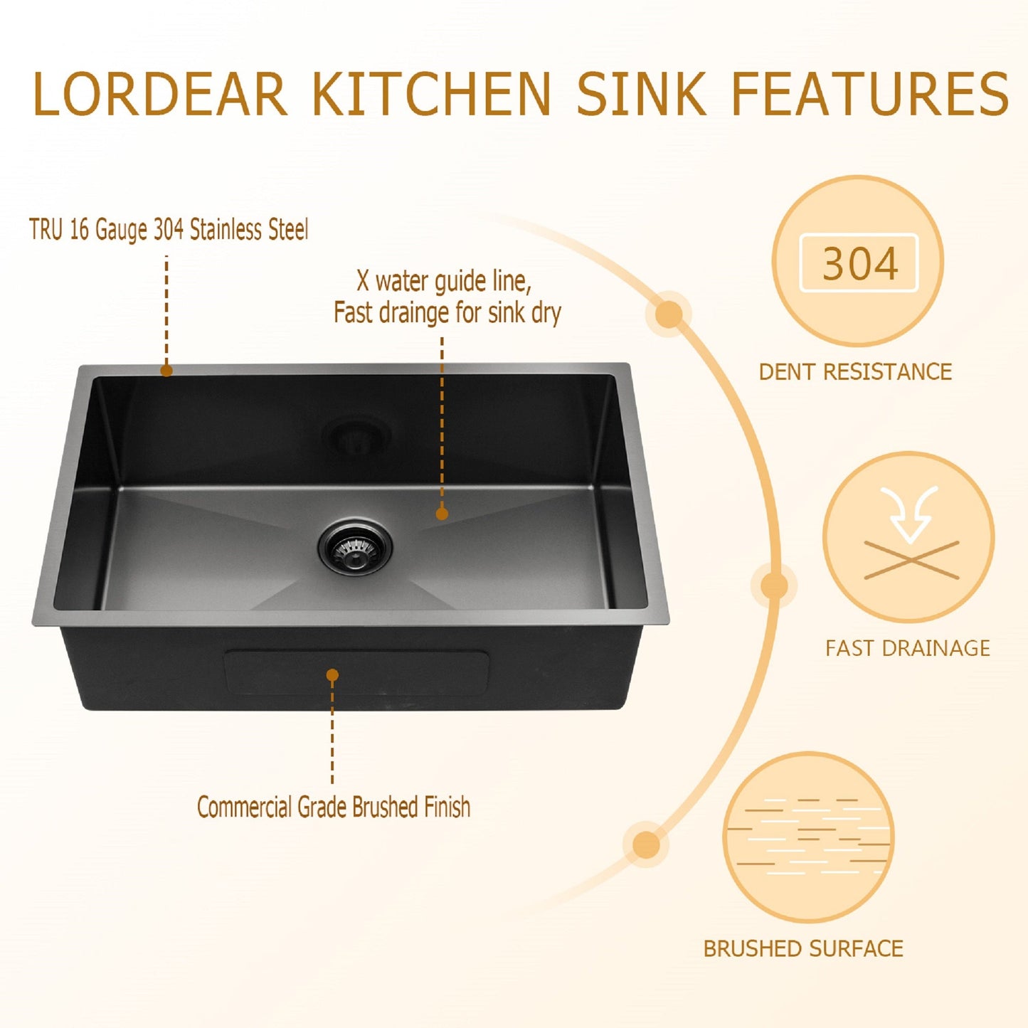 Lordear 28" Stainless Steel Undermount Gunmetal Black Kitchen Sink  from Lordear
